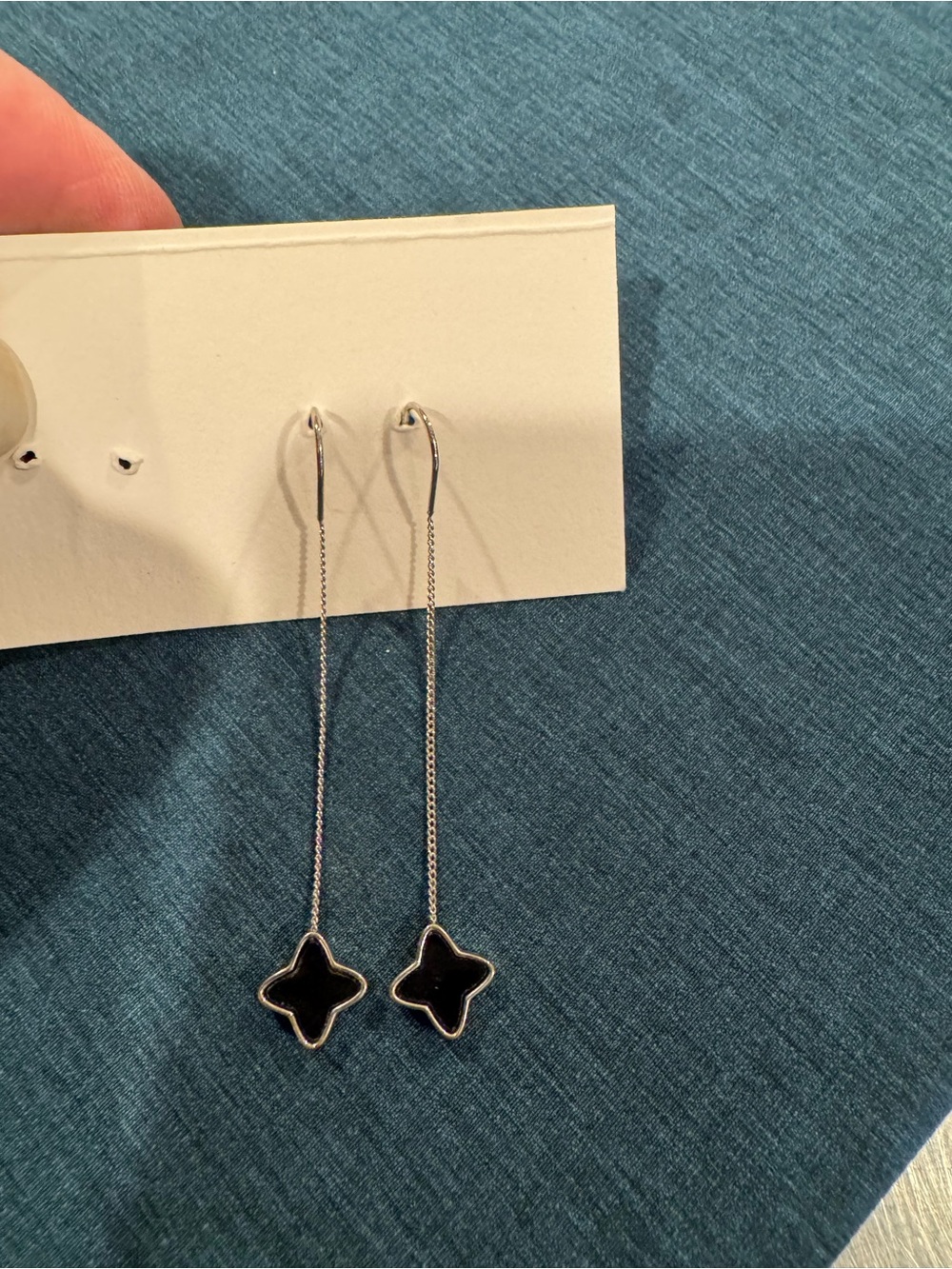 Silver Chain Earrings with Black Clover Drops